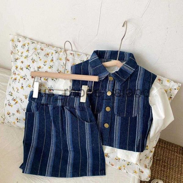 

clothing sets clothing sets 2023 spring children denim single breasted turn-down collar striped vest skirts 2pcs korean chic all-matched kid, White