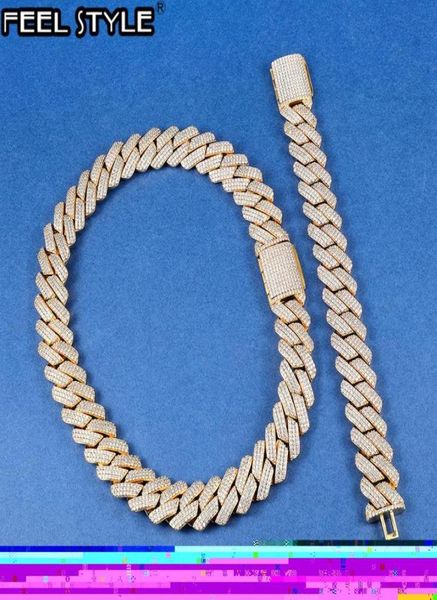 

hip hop 19mm 3 row heavy cuban prong chain bling iced out box buckle copper setting cz 2set chain bracelet for men jewelry6808607, Silver