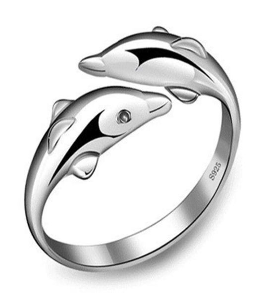 

whole silver plated opening adjustable size rings fashion charm double dolphins rings for women ship9777698