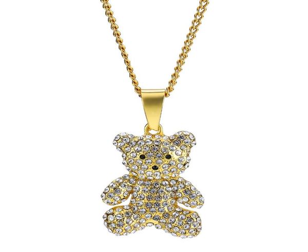 

men women charm gold silver bear pendant necklace rhinestone iced out fashion hip hop jewelry stainless steel long chain punk desi3540818