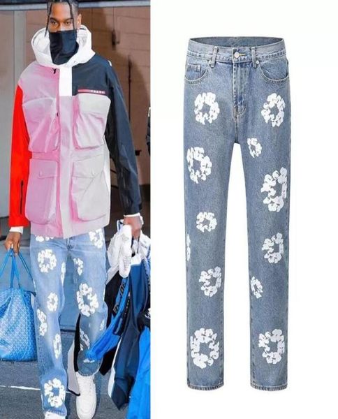 

flower full print mens jeans pants oversized streetwear straight casual men and women denim trousers3786753, Blue