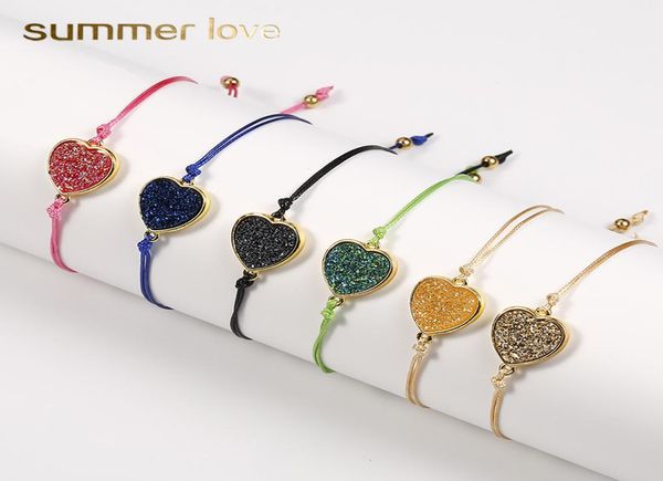 

2019 fashion natural resin stone heart druzy charm bracelet with wish card colorful string rope braid bracelets for men women jewe8464338, Golden;silver