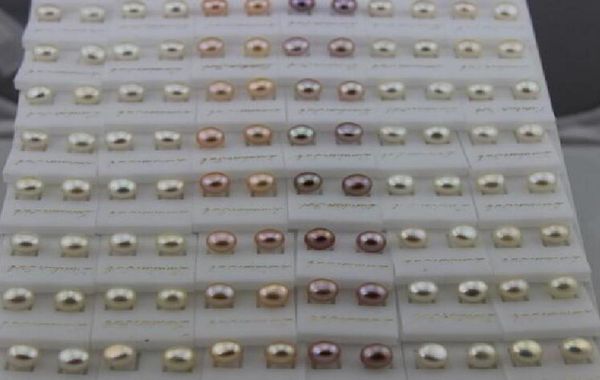 

shanxiahu zhuji city freshwater pearl earrings freshwater pearl 925 silver earring 56mm mix color white pink purple 50pairs lot7757841, Golden;silver