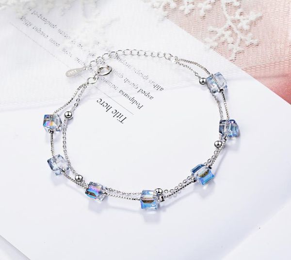

bu190 minimalist square synthetic crystal bracelet female japanese and korean simple doublelayer net red trendy light luxury han5875211, Golden;silver