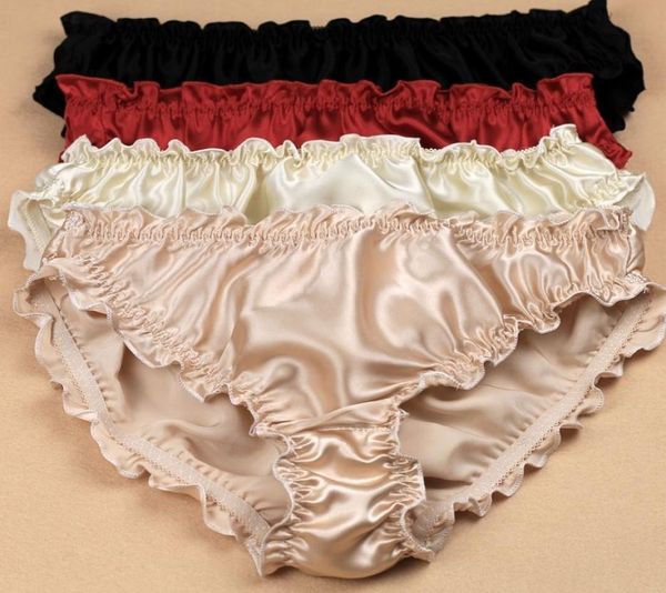 

3pcslot quality women039s silk panties ruffle crepe satin antibiotic lowwaist trigonometric panties plus size 2011126806360, Black;pink