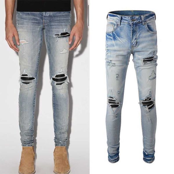 

distressed blue denim jeans cowboy mens slim fit jeans hip hop