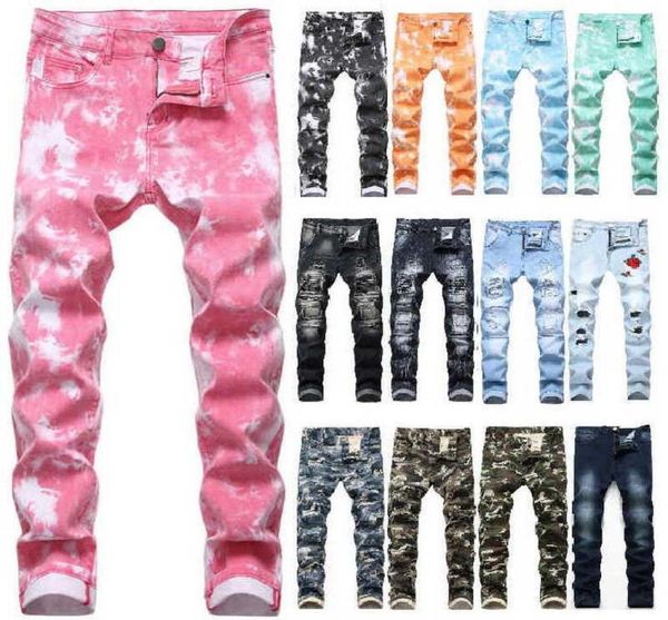 

men jeans hip hop patch men retro jeans hole zipped biker jeans camouflage printing men ripped denim pants x06212297538, Blue