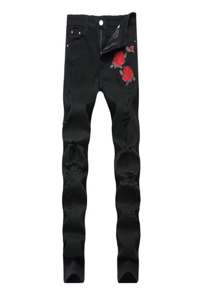 

rose embroidery jeans fashion blue black ripped male tide slim pants4402361