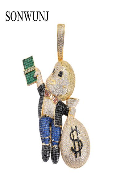 

5 colors large size brass cz stones cartoon men money bag pendant hip hop necklace jewelry bling bling iced out cn0446689592, Silver