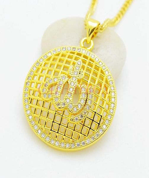 

women039s 18kgp gold tone islamic god cz round pendant necklace w curb chain gift for muslim necklaces5648649, Silver