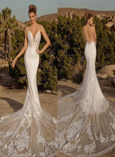 

2021 new wedding dresses spaghetti straps lace beading applique mermaid bridal gowns custom made open back sweep train wedding dre8621857, White