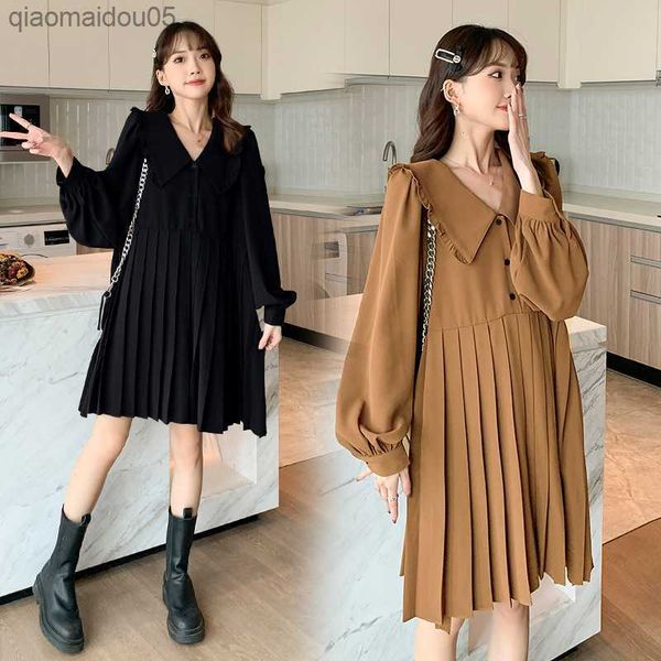 

spring autumn pregnancy dress new long sleeve a line loose pleated dress for pregnant women pure color maternity clothes l230712, White
