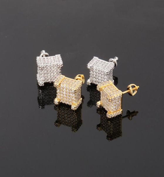 

hip hop screwback stud earrings square white zircon dangle earrings gold plated vintage geometric jewelry whole7640297, Golden;silver