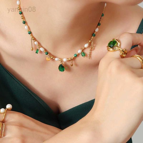 

pendant necklaces amaiyllis 18k gold light luxury palace freshwater pearl zircon jade clavicle chain pendant elegant choker necklace jewelry, Silver