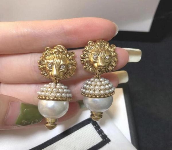 

2023women vintage earrings pearl diamond lion head charm pendant dangle earring copper eardrop for female lady luxury2820709, Silver
