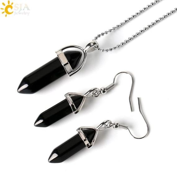

csja women natural stone pendant necklace drop earrings party jewelry sets hexagonal bullet rose crystal quartz tiger eye onyx laz2933633, Silver