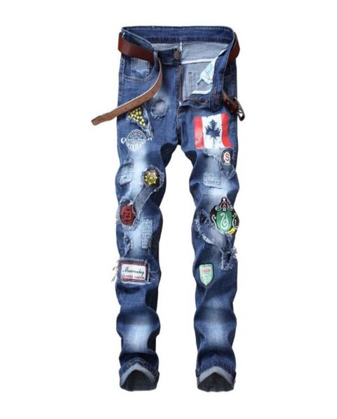 

mens jeans europe and america slim straight elastic patch badge holes mens trousers large size7396408, Blue