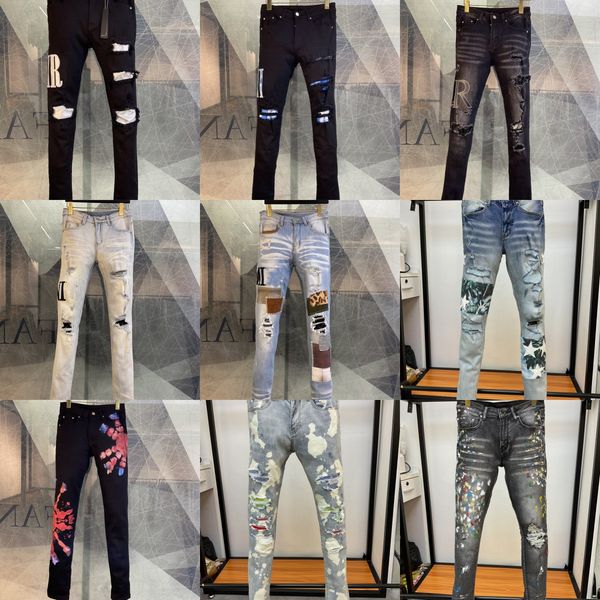 

new mens 2023 jeans designer denim jeans alphabet embroidery destroy holes jean skinny pants man motorcycle riding slim denim pants hip hop, Blue