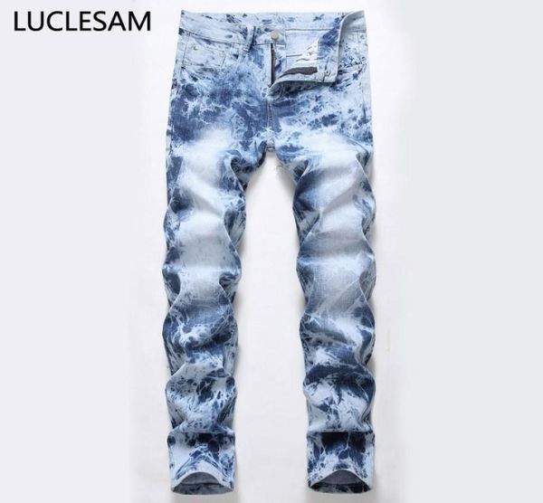 

tie dye print men jeans brand designer male stretch denim pants trousers brand new biker los hombres jeans straight hombre7050513, Blue