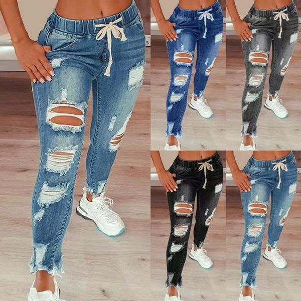 

women's jeans woman ripped elastic waist drawstring pencil pants y2k slim fit high vintage streetwear casual fashion blue 230711