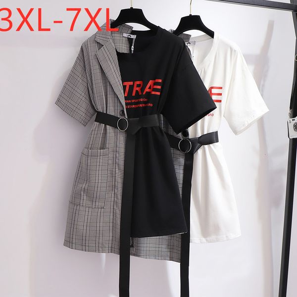 

plus size dresses summer size mini dress for women large short sleeve loose casual plaid fake two pieces 3xl 4xl 5xl 6xl 7xl 230711, Black