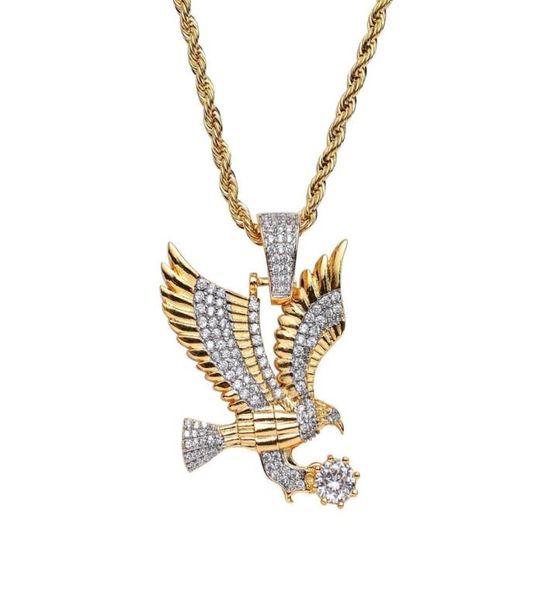 

hip hop eagle diamonds pendant necklaces for men western copper zircon luxury necklace real gold plated 3mm 60cm stainless steel t1024047, Silver