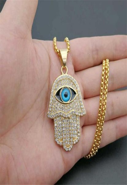 

turkish hamsa hand of fatima pendant necklace gold stainless steel iced out chain hip hop womenmen jewelry 2106213201745, Silver