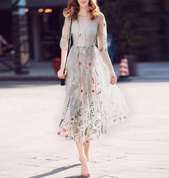 

bohemian flower embroidered dress evening party floral dresses gorgeous half sleeves sheer long dress2841198, Black;gray