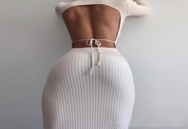 

casual dresses elegant women long sleeve dress vintage knitted elastic backless bodycon autumn winter ladies button party1053684, Black;gray