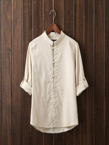 

whole2016 new autumn fashion brand men thanks flax pure color man39s shirt seven chinese style shirt sleeve grey beige blu3771626, White;black