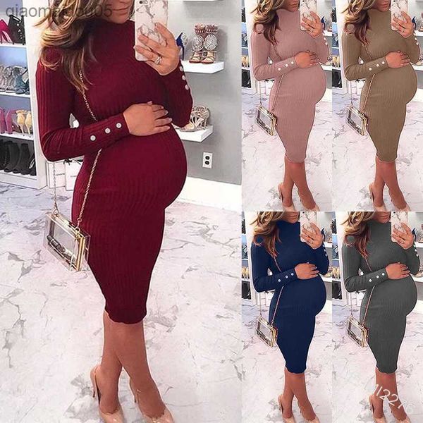 

2022 plus size dresses button long sleeve solid color tight jersey dress for maternity pregnancy clothes maternity dresses l230712, White