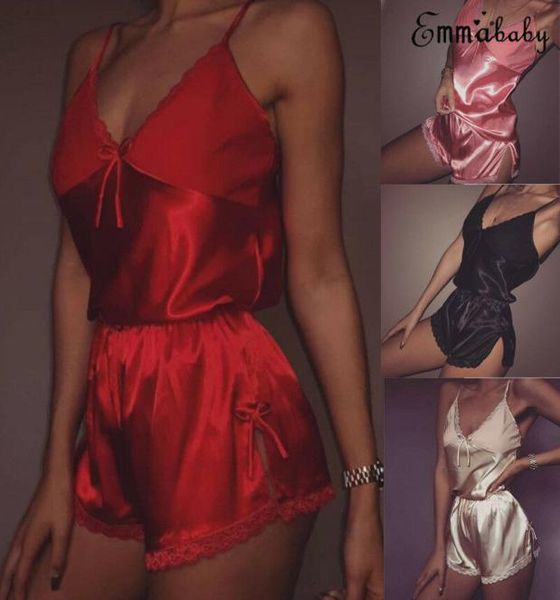 

women lingerie set lace crop shorts pajamas set sleepwear satin pijama nightwear pyjama femme night suit9984676, Black;red