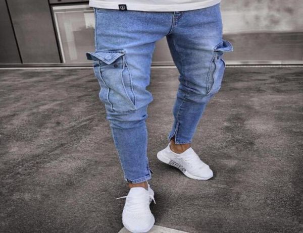 

mens jeans ripped pocket blue solid color denim pants mens slim fashion high street biker jeans male long trousers pencil pants je8234002