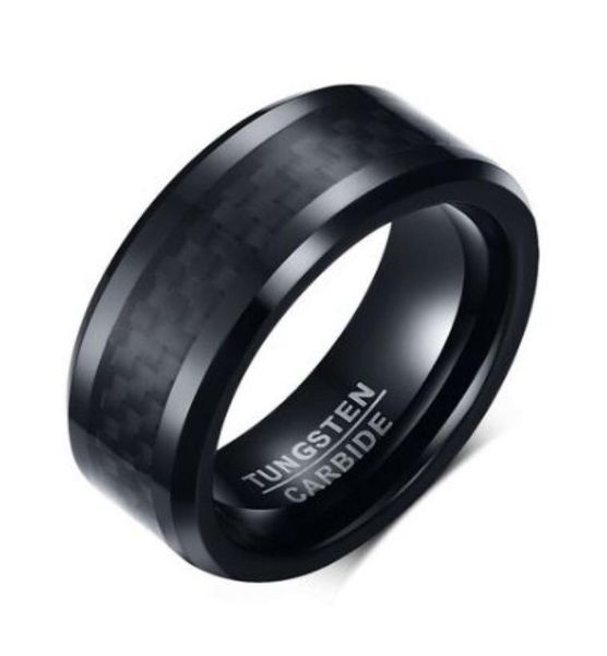 

wedding ring beveled edge 8mm comfort fit mens black tungsten carbide weeding band ring with black carbon fiber8155445, Slivery;golden