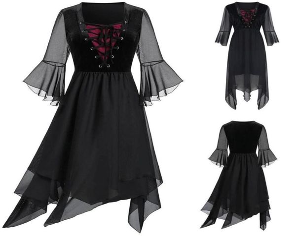 

party dresses women evening black 2021 plus size sheer mesh layered lace up handkerchief gothic dress drop g7 casual4400263, Black;gray