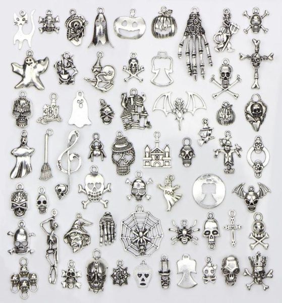 

assorted 60 designs halloween charms skull skeleton hand spider bat ghost witch pendants diy jewelry making 60pcsbag5486803, Black