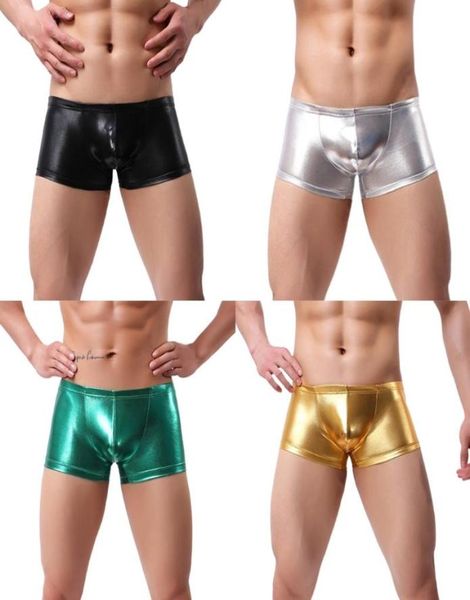 

men low waist boxer briefs metallic imitation leather swim underwear underpants3771073, Black;white