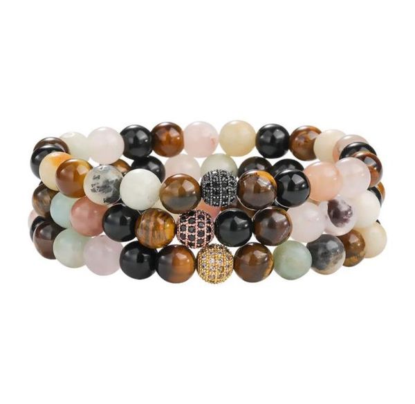 

handmade 8mm tiger eye natural stone beads bracelet for women men elastic copper inlaid micro zircon beads bracelet jewelry gift8886040, Golden;silver