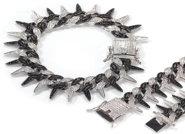 

19mm rapper wristband chains bracelets for men women hop hop punk white gold black iced out cubic zirconia spike cuban link chain 2029536