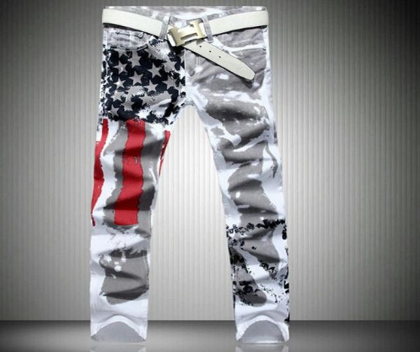 

printed design jeans men american flag stars straight pants slim fit stretch trousers7464603, Blue