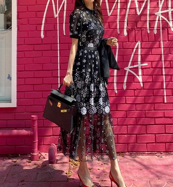 

new runway summer self portrait women short sleeve embroidery floral mesh long vintage ruffles party dress y2008055846000, Black;pink