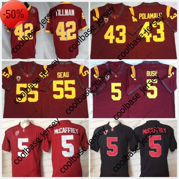 

ncaa stanford college football 5 christian mccaffrey 42 pat tillman red 1997 usc trojans 55 junior seau 43 troy polamalu vintage jersey, Black;red