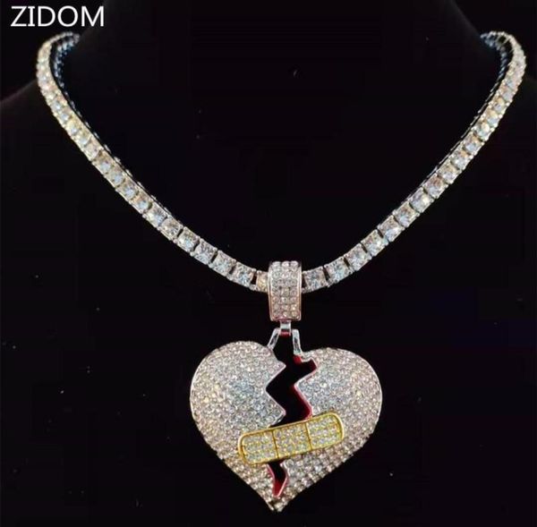 

men hiphop broke heart pendant necklace with 5mm tennis chain iced out bling jewelry male fashion gifts necklaces5199535, Silver