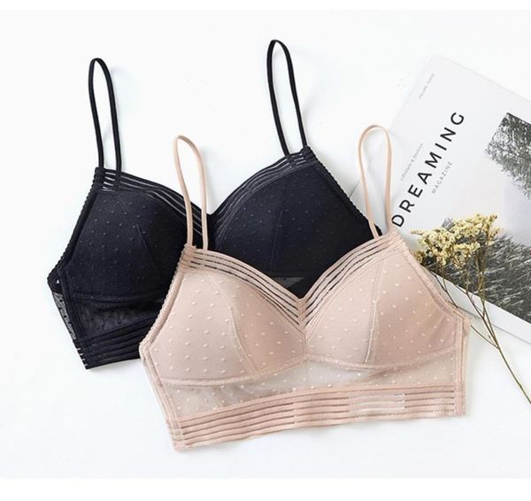

u backless bra wireless underwear women invisible bra thin triangle cup bra striped polka dots mesh lingerie bralette y2004157928398, Red;black
