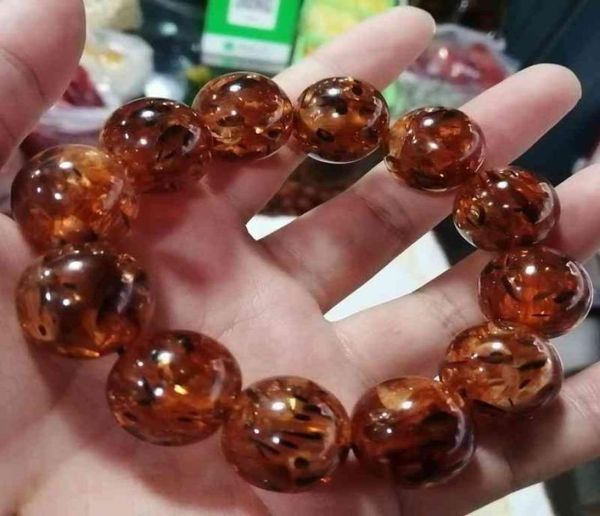 

genuine flower amber bracelet men women natural baltic floral amberbead elastic beaded bangle honey wax succinum bracelets gift8330925, Golden;silver