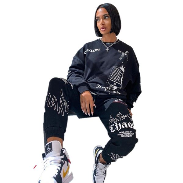 

women outfit letter print loose 2 two piece set streetwear tracksuit sweatshirt joggers pants matching ensemble femme, White