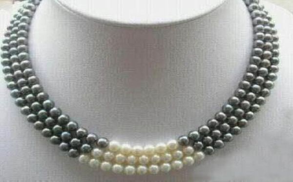 

3rows 78mm black white natural pearl necklace 1719quot0123212392, Silver