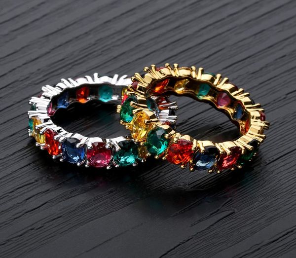 

18k gold and white gold multicolor rainbow cz cubic zirconia ring band 5mm iced out full diamod hip hop lovers ring for men and wo3663062, Silver