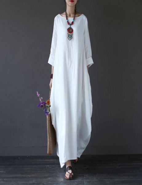

2018 summer plus size long sleeve dresses for women 3xl 4xl 5xl loose cotton linen dress white boho shirt dress long maxi robe2082057, White;black