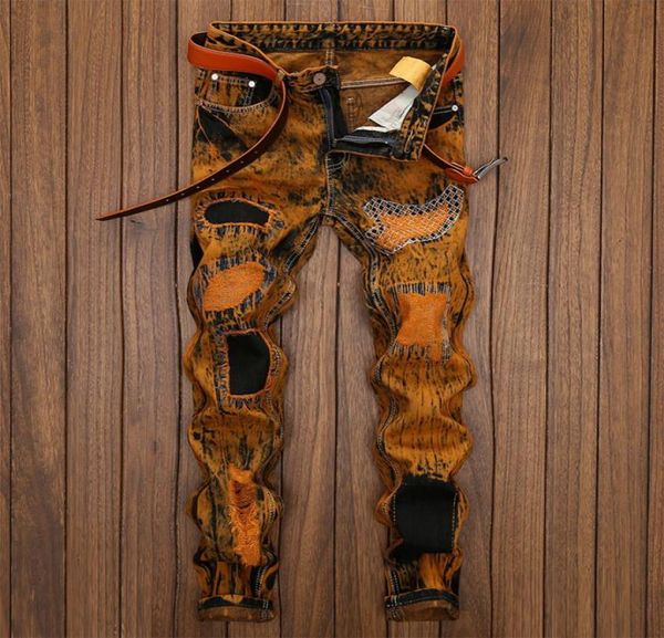 

mens retro patchwork snow slim fit jeans fashion designer straight leg denim fat man pants big size 2942 jb1704867167, Blue